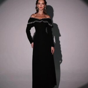 customized Elegant Black Off The Shoulder Prom Dresses Long Sleeves Beadings Crystals Ankle Length Party Dresses Formal Evening