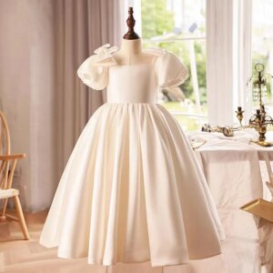 Jill Wish Elegant Arabic White Flower Girl Dress Satin Princess Kids Wedding Birthday Party Prom Gown Holy Communion 2025 J240