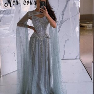 Customized Silver Long Cape Sleeve Prom Dress A Line Straps Wedding Party Gowns Arabic Sparkly Pageant Evening Dress Customized