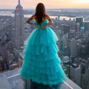 Princess Blue Tulle Evening Dress Off Shoulder Tiered Pleat Layered Gown Prom Customized Special Occasion Vestido De Noche