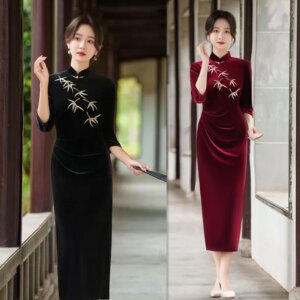 Fashion Improvement New Chinese Style Velvet Long Mid-Sleeve Cheongsam Qi Pao Autumn Daily Wearable