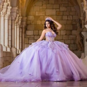 Customized Shiny Lavender Purple V-neck Off Shoulder Quinceanera Dress flower Tull Outer layer gauze vestidos de 15 Quinceanera