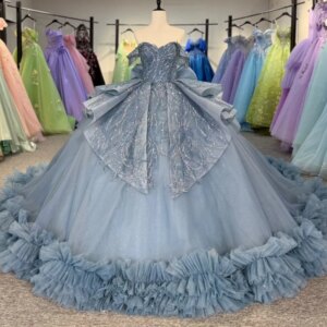 Blue Shiny Princess Quinceanera Dresses Off Shoulder Applique Beads Tiered Tull Sweet 16 Dress Ball Gown Vestidos 15 Anos