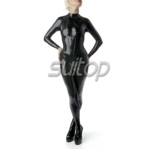 Suitop black catsuit latex corset style rubber catsuit with feet with integrated corset in back zip