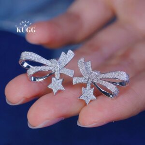 KUGG 100% 18K White Gold Earrings 0.50carat Real Natural Diamond Stud Earrings for Women Romantic Bowkont Shape Wedding Jewelry