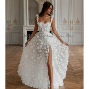 Elegant Square Collar Flowers Dress High Quality A Line Sleeveless Banquet Female Prom Party Long Wedding Marry Holy Vent Gowns
