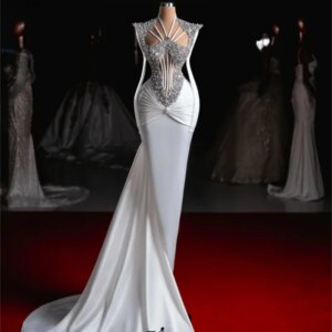 Luxury White Mermaid Formal Party Dress Crystal Pearls Long Sleeves Bridal Dress Elegant Long Sleeve Customized Evening Gowns
