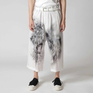 YOJI OOAK inkjet asymmetric printing white cropped pants black printed pattern straight leg casual pants for men