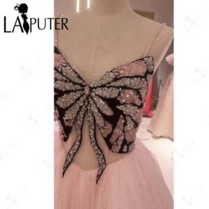 Pink Butterfly Short A line Prom Dresses Tea Length 3D Party Gown Off Shoulder Dot Tulle Puffy Cute Girl Evening Dress