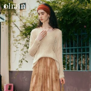 OLrain Lazy Hollow Pullovers for Women 2025 Spring Holiday Vacation Style Loose O Neck Long Sleeve Knitwear Lady  M56QZ95006