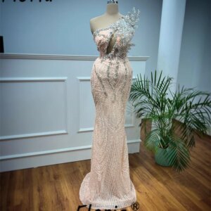 Blush Pink Arabic Lace Mermaid Prom Dresses with Silver Crystal 3D Appliques Floor Length Evening Party Dress Custom Made New