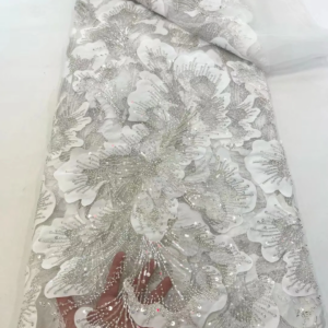 5Y Hot Sale French Popular Embrordered Net Lace With White Beaded Sequins Fabric Lace With Sequins Party Evening Dress