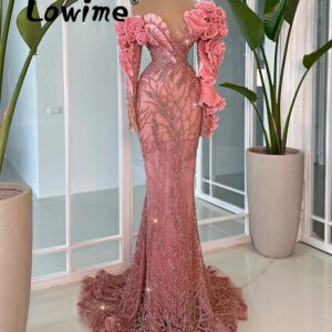 Pink Aso Ebi Prom Dress Beaded Crystals Floral Long Sleeve Evening Gown Wedding Party Second Reception Birthday Engagement Gowns