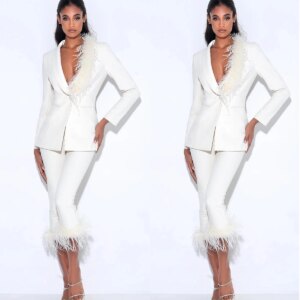 Solid White Feather Women Suits 2 Pieces Slim Fit Shawl Lapel Blazer And Short Pants Customized Guest Wear Party Prom Outfit