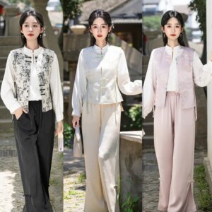 Improved New Chinese Style Daily Wearable Cheongsam Qi Pao Vest Wide Leg Pants Shirt Suit Autumn