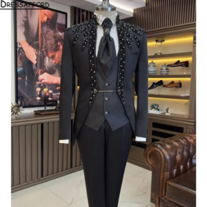Black Men’s Suits Fashion 2 Pieces Sets Jacket Pants Diamond Beaded Groom Prom Blazers Decoration Tuxedos Men