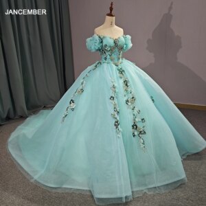 Jancember Green Cap Sleeve Scoop Short Sleeves Court Train Appliques Beading Lace Up Stylish Evening Dress for Women DY6615