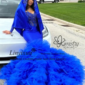 Luxuy Applique Sequins Long Prom Dress Sparkly Beads Rhinestone Tiered Ruffle Formal Evening Party Gown Sexy Long Robe De Soiree