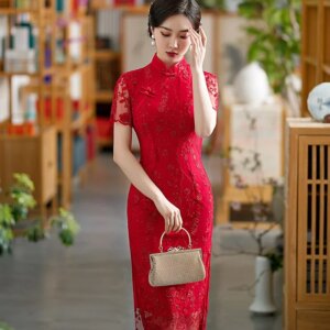 Red cheongsam women short-sleeved see-through lace evening dress with skirt standing collar slim-fit engagement