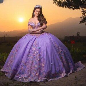Mexico Purple Off The Shoulder Ball Gown Quinceanera Dresses For Girls Appliques Party Gowns 3D Flowers Sweet 16 Robe De Bal