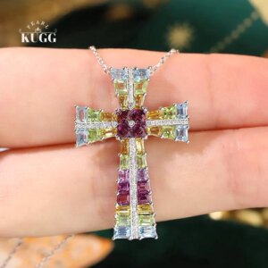 KUGG 100% 18K White Gold Necklace Luxury Rainbow Cross Shape Shiny Diamond Natural Tourmaline Necklace for Women Party Jewelry