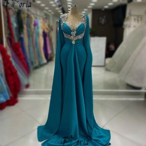 Muslim Woman Peacock Blue Mermaid Formal Dress with Long Shawl Dubai Crystals Wedding Party Gown Maxi Dresses vestidos de noche