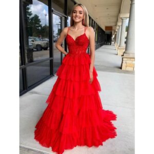 Red Spaghetti Straps Evening Dresses Tiered Ruffles vestidos de noche Lace Beaded Prom Dress Graduation Party Gowns Customized