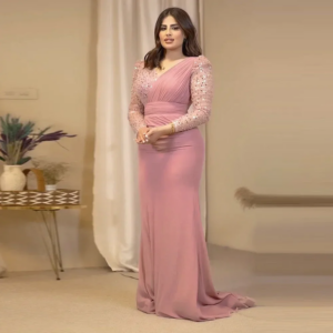 Vinca Sunny Customized Arabic Mermaid Evening Dresses for Party V-Neck Long Sleeves Chiffon Celebrity Prom Vestidos De Noche