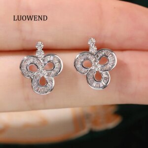 LUOWEND 100% 18K White Gold Earrings Real Natural Diamond Stud Earrings for Women Elegant Shiny Design High Party Jewelry