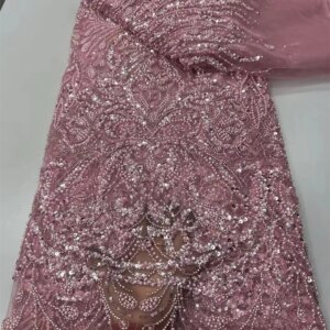 African Sequined Beaded Lace Fabric 2025 High Quality Nigerian Pink Lace Fabric 5 Yards Handmade Fabrics for Woman Party Q404-1