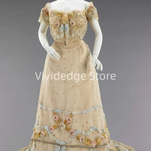 Customized Vintage Short Sleeve Prom Dresses Cubic Floral Renaissance Medieval Dresses Victorian Evening Gowns