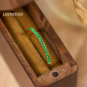 LUOWEND 100% 18K Yellow Gold Rings Fashion INS Style Real Natural Swat Emerald Engagement Ring for Women High Wedding Jewelry
