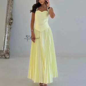 customized Yellow Sleeveless Prom Dresses Sweetheart Pleated Ankle Length Evening Dresses Party Dresses