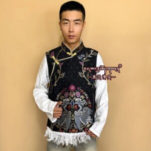 Men’s Tibetan New Clothes Two-Piece Ethnic Coat Dance Costumes Top Tassel Shirt