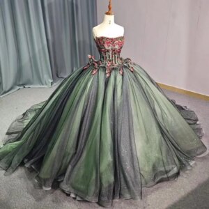 Customized Shiny Black green dual color Off Shoulder Quinceanera Dress Tull applique vestidos de 15 Quinceanera