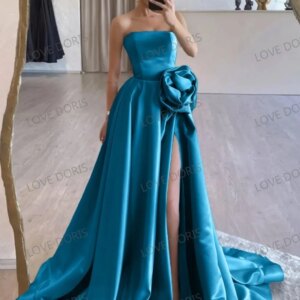 LOVE DORIS 2025 Prom Dress V-Turchese Party Dress Satin Strapeless A-Line Sweep Train Flower Evening Dress Classic Customized