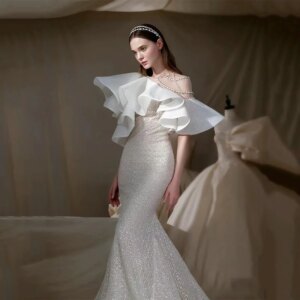 Gorgeous White Party Evening Dress Sequin Beading Chain Ruffle Pleat Mermaid Puffy One-Shoulder Long Performance Host Prom Gowns