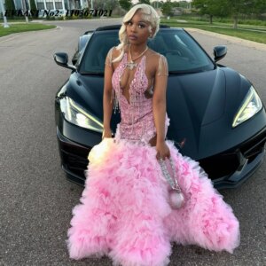 EVLAST Customized Gorgeous Pink Ruffles Mermaid Prom Dress Beaded Crystal Diamond Evening Party Gown Vestido De Festa E2P350