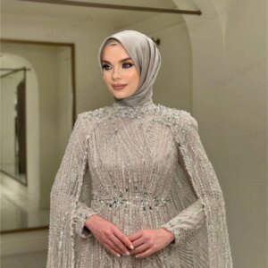 Middle East Grey Beading Evening Dresses Long Sleeves Formal Occasion Dress Dubai Crystals A Line Wedding Party Dress Customized