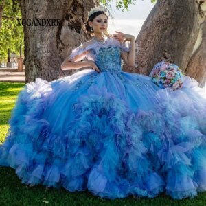 Sky Blue Quinceanera Dress 2024 with Feathers Crystals Applique Ruffles Ball Gown Sweet 16 Dress 15 Birthday Vestidos De XV Años