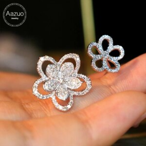 Aazuo Fine Jewelry 18K Gold Real Diamond 0.55ct Luxury Double Flowers Open Ring Gift For Women Engagement Halo anillos mujer