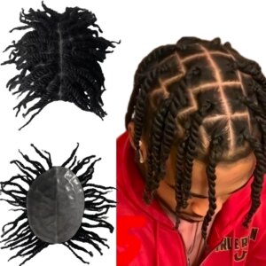 Indian Virgin Human Hair Replacement #1b Natural Black Afro Twist Braids 8×10 Full Pu Toupee for Black Men