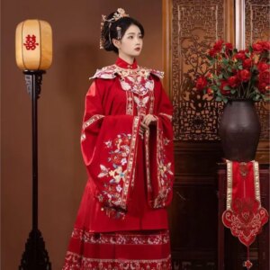 Hanfu female heavy industry embroidery flower wedding dress skirt stand collar shirt shoulder