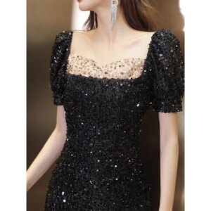 Evening Dress Skirt Female 2025 New Temperament Annual Meeting Black Sequins Square Neck Three-part Sleeve Fishtail Skirt Sexy