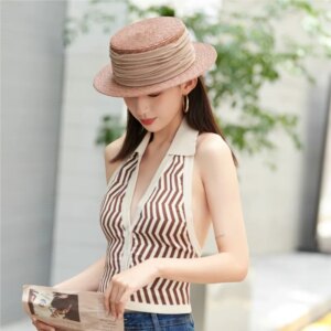 Summer new wheatstraw flat top hat for women along short eaves shade holiday fold