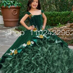 Girl’s Floral Velvet Ruffled Mini Quinceanera Dresses Customsized Floral Applique Lace-up Flower Girls Dress vestidos de xv