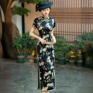 High Quality Real Silk Cheongsam Qipao Summer Dress Chinese Light Luxury High-End Catwalk Women’s Clothes Long