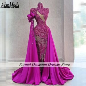 Design Fuchsia Evening Dresses High Neck Beading Lace Prom Dress 2025 Second Reception Engagement Party Outfit Customized