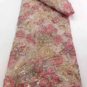 Latest African Sequins Lace Fabric 2025 High Quality Lace Embroidery Beaded Mesh Fabric 5 Yards For Women Wedding Party Dress