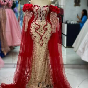 Red Champagne Luxury Pearl Beading Dubai Wedding Dress Off the Shoulder Formal Occasion Dresses Long Cape Custom Made 2024 Robes